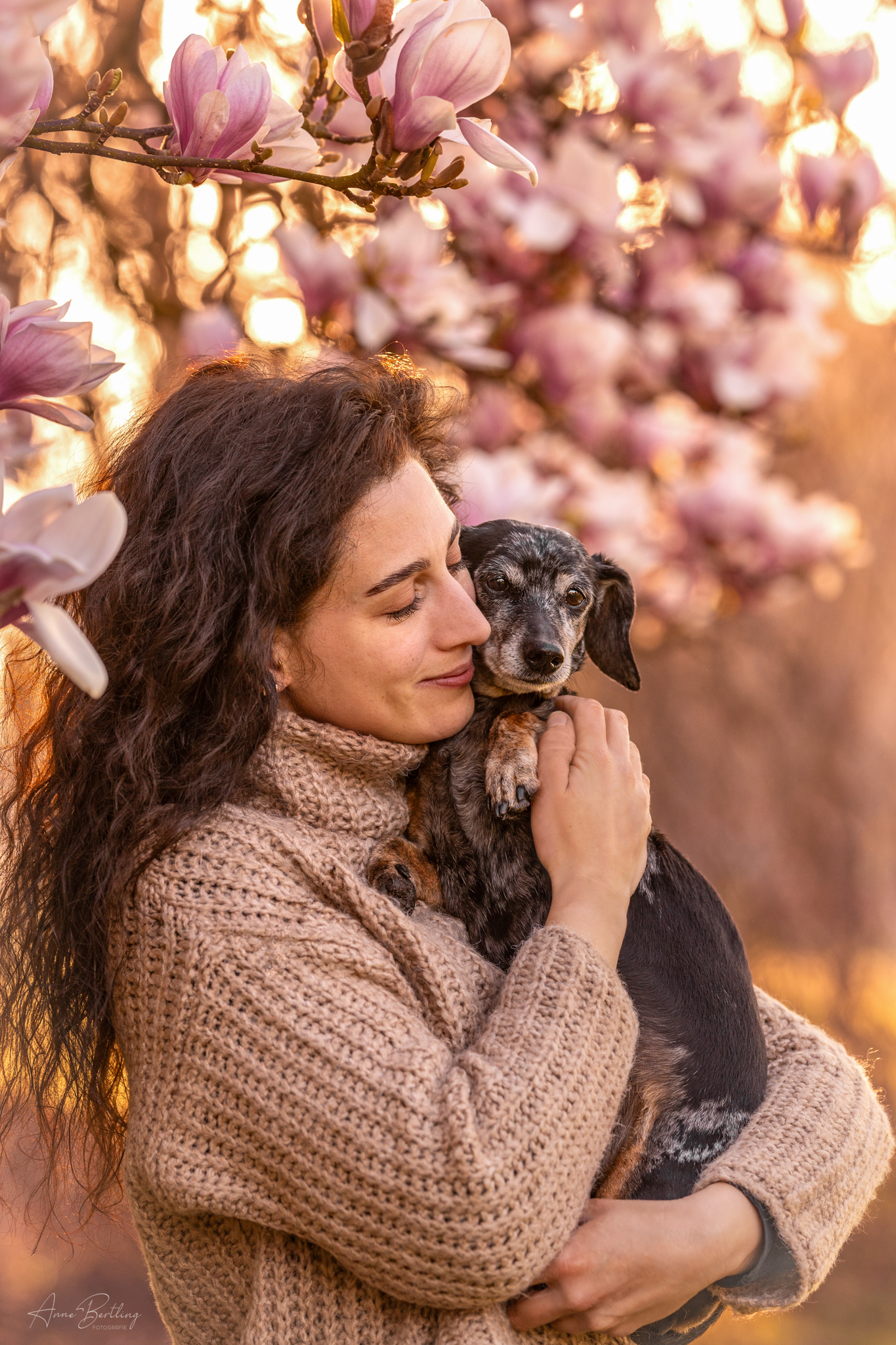 Emotionales Portrait von einem Tigerdackel mit seinem Frauchen im Sonnenaufgang unter einer Magnolie, aufgenommen in Hamm, Westfalen, NRW von Anne Bertling Hunde Fotografie