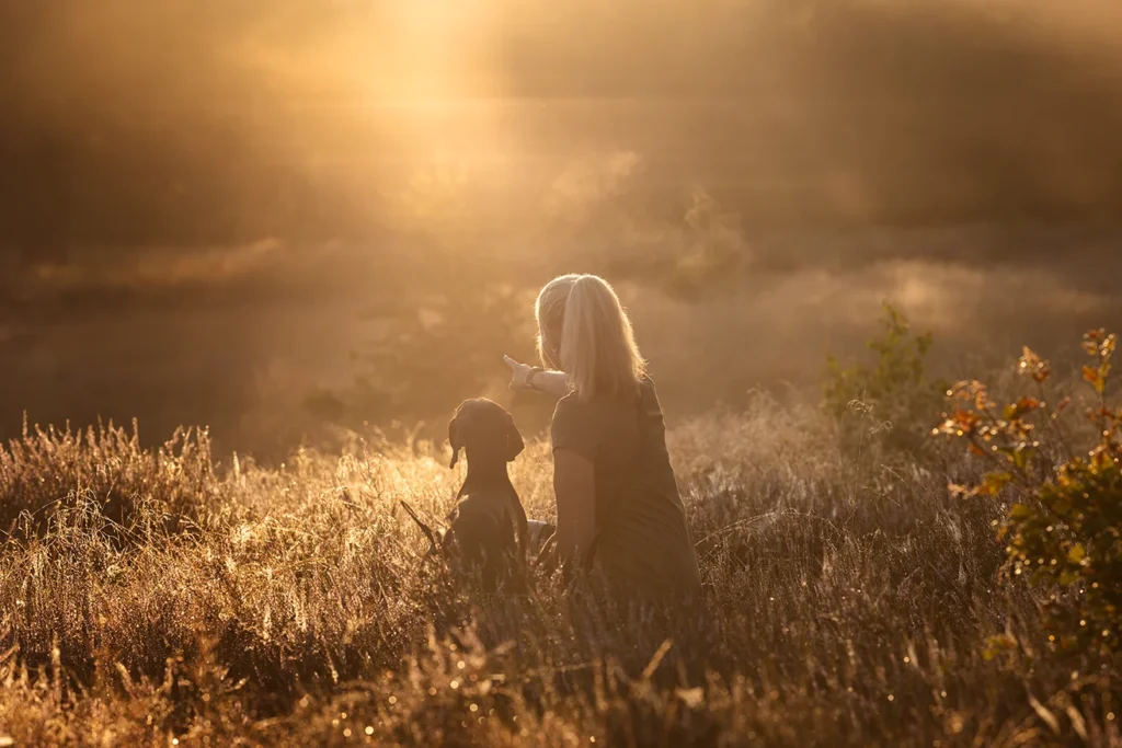 Eine Hundehalterin und ihre Deutsch Kurzhaar Hündin sitzen zusammen im goldenen Licht, fotografiert von Hundefotografie Anne Bertling aus Ascheberg bei Münster im Münsterland (NRW).
