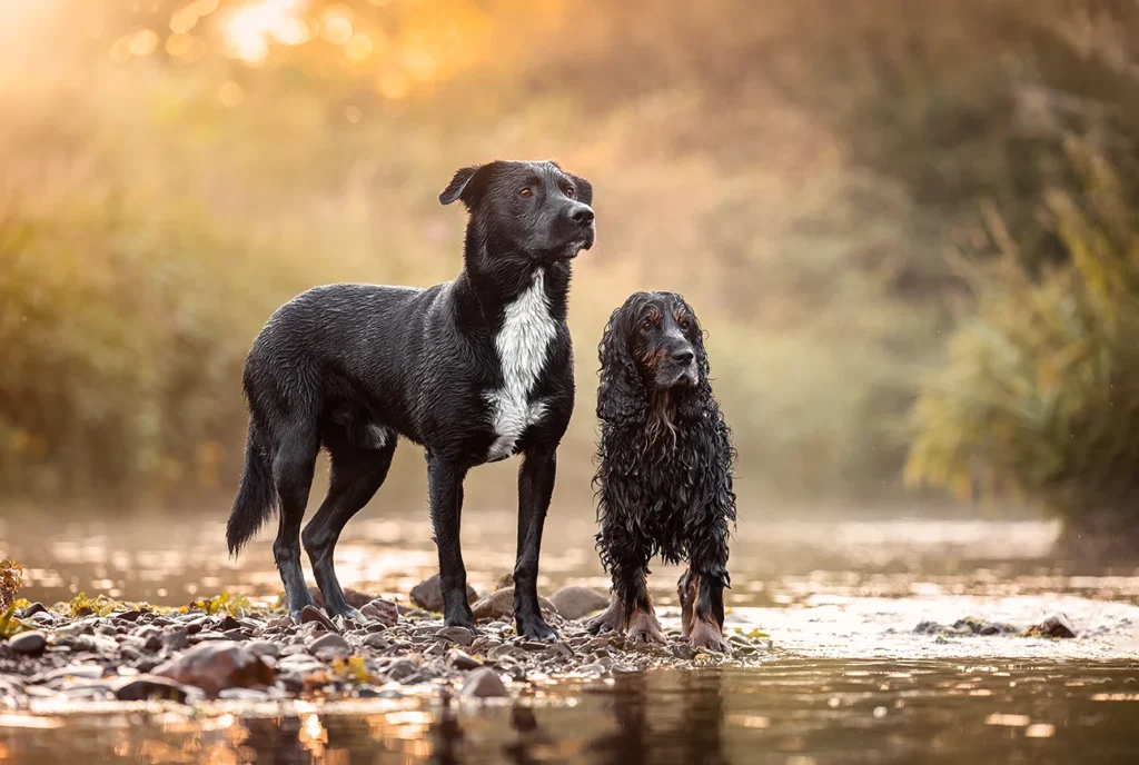 Cocker Spaniel und Labrador im Wasser an der Ruhr (NRW), fotografiert von der Hundefotografin Anne Bertling aus Ascheberg im Münsterland.