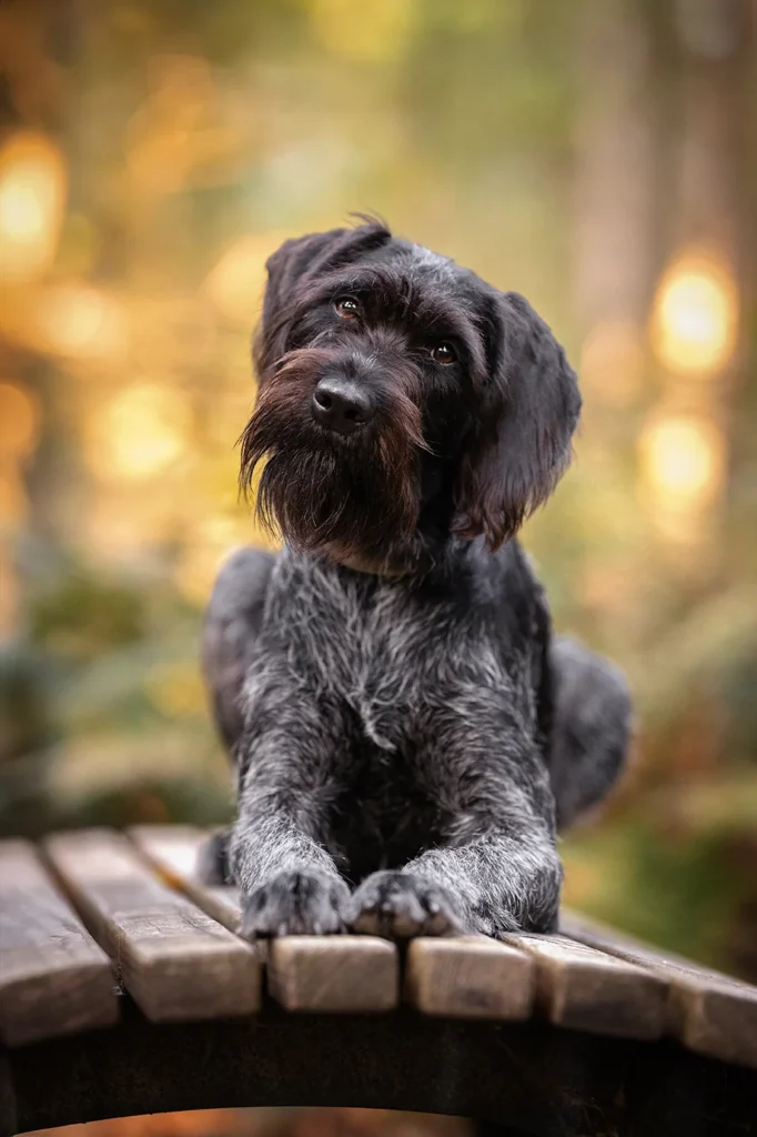 Eine Deutsch Drahthaar Hündin sitzt auf einer Holzbank im Wald in Hiltrup (Münster, NRW), das Licht ist golden und weich, fotografiert von der Tierfotografin Anne Bertling aus Ascheberg bei Dortmund (Ruhrgebiet).