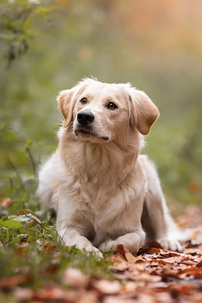 Ein golden Retriever Mischling liegt im Laub im Wald bei Münster (NRW), fotografiert von Hundefotografin Anne Bertling aus Ascheberg im Münsterland.