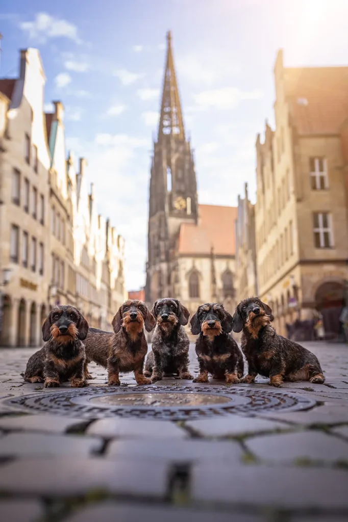 Fünf Rauhaardackel sitzen zusammen auf dem Prinzipalmarkt in Münster, fotografiert von der Tierfotografin Anne Bertling aus Ascheberg im Münsterland, NRW.