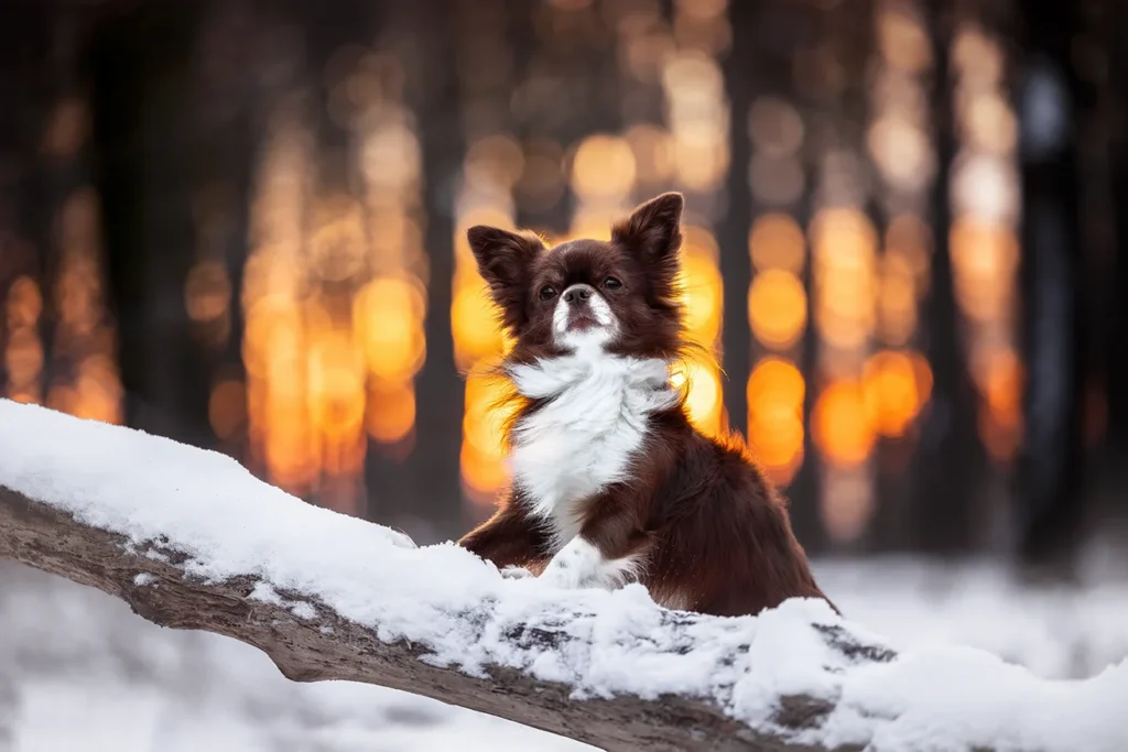 Chihuahua Rüde im Schnee bei goldenem Licht nahe Münster (NRW), fotografiert von der Tierfotografin Anne Bertling aus Ascheberg im Münsterland.