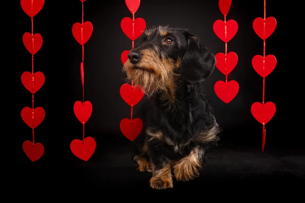 Ein Valentinstags Foto von einem Dackel mit roten Herz Girlanden vor schwarzem Hintergrund, hochwertig und edel fotografiert von der Tierfotografin Anne Bertling aus Ascheberg im Münsterland, NRW.