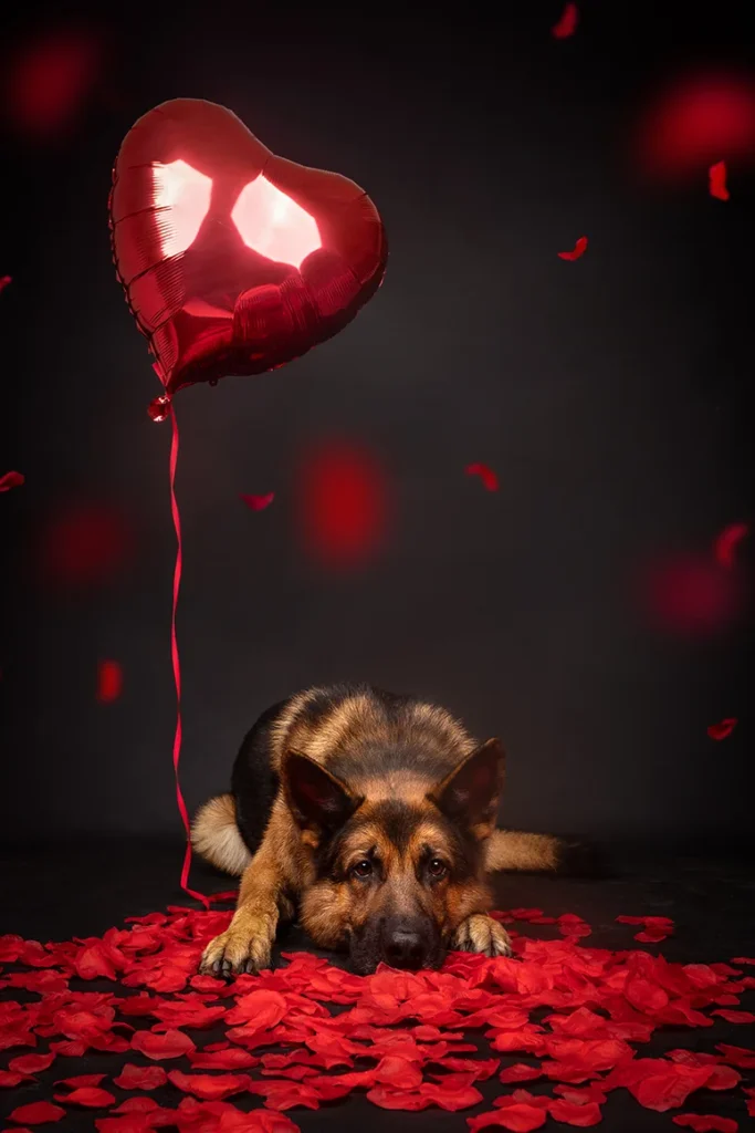 Ein Valentinstags Foto von einem Schäferhund mit einem Luftballon Herz vor schwarzem Hintergrund und Rosenblättern auf dem Boden und in der Luft, hochwertig und edel fotografiert von der Tierfotografin Anne Bertling aus Ascheberg im Münsterland, NRW.