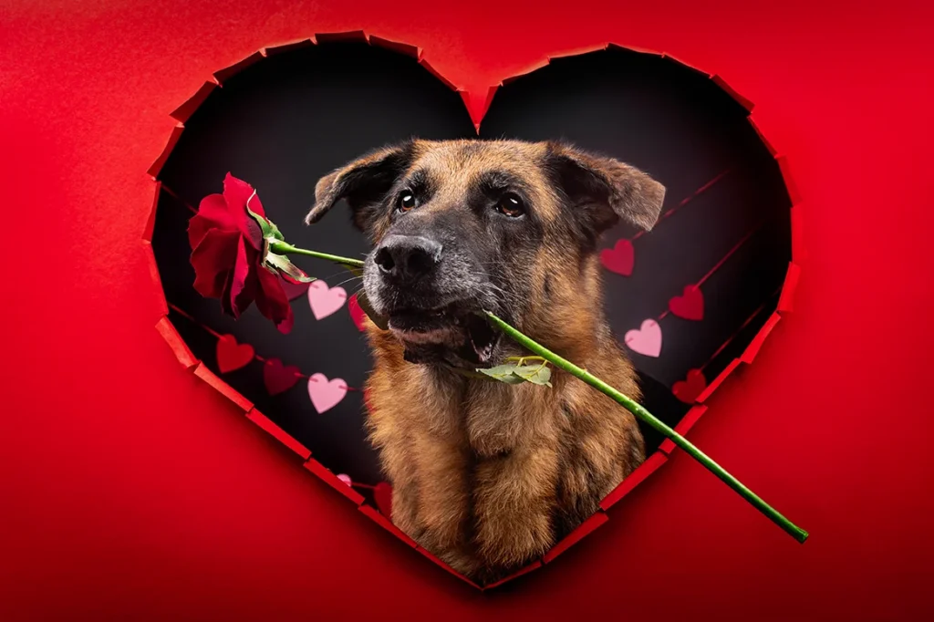Valentinstags Studio Portrait eines deutschen Schäferhunds mit Rose im Maul. Der Hund schaut durch ein rotes Herz, der Hintergrund ist schwarz mit einer Herzchen Girlande. Fotografiert wurde es von der Hundefotografin Anne Bertling im eigenen Fotostudio in Ascheberg bei Münster und Dortmund (NRW).