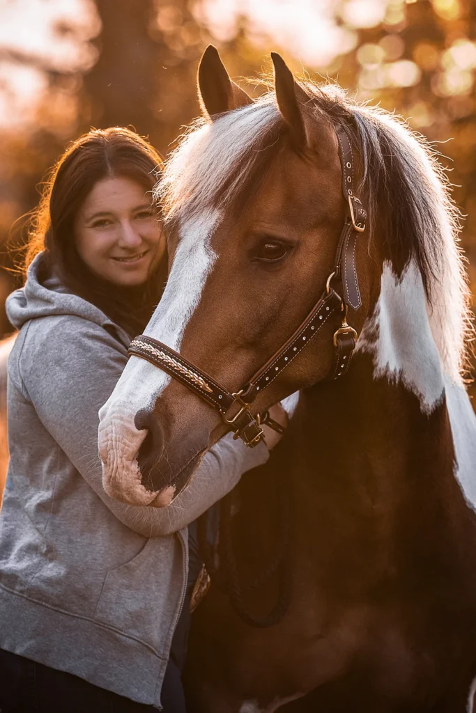 Foto von einem Warmblut Pferd, einem Schecken, und seiner Halterin, aufgenommen bei einem Pferdeshooting auf der Weide bei Münster (NRW) von der Pferdefotografin Anne Bertling aus Ascheberg im Münsterland, NRW.