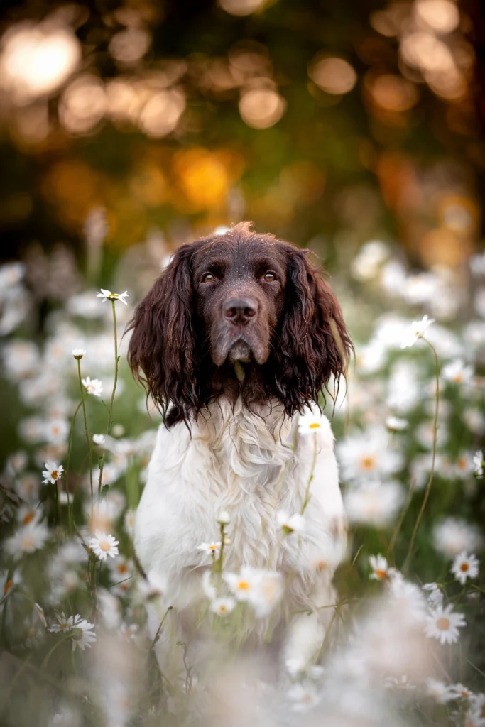 Münsterländer Portrait in Margeriten in Menden, Sauerland (NRW), fotografiert von der Hundefotografin Anne Bertling aus Ascheberg bei Münster und Dortmund (Ruhrgebiet).