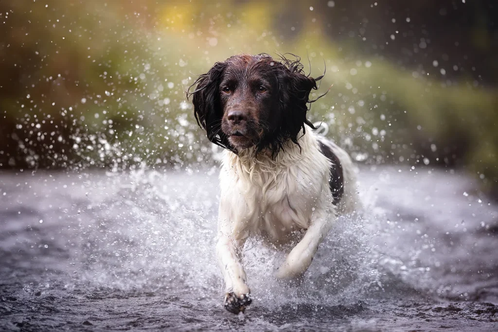 Münsterländer Aktion Portrait im Wasser in Menden, Sauerland (NRW), fotografiert von der Hundefotografin Anne Bertling aus Ascheberg im Münsterland.