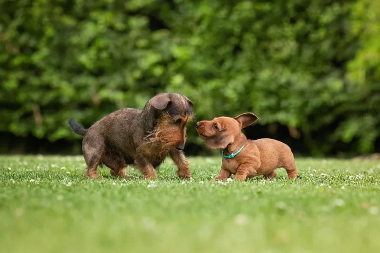 Foto einer Kaninchenteckel Hündin, die mit ihrem Welpen spielt, fotografiert im Rahmen eines Wurfshootings in Viersen (NRW) von Anne Bertling Hundefotografie aus Ascheberg (Westfalen) im Münsterland und in der Nähe von Dortmund (Ruhrgebiet).