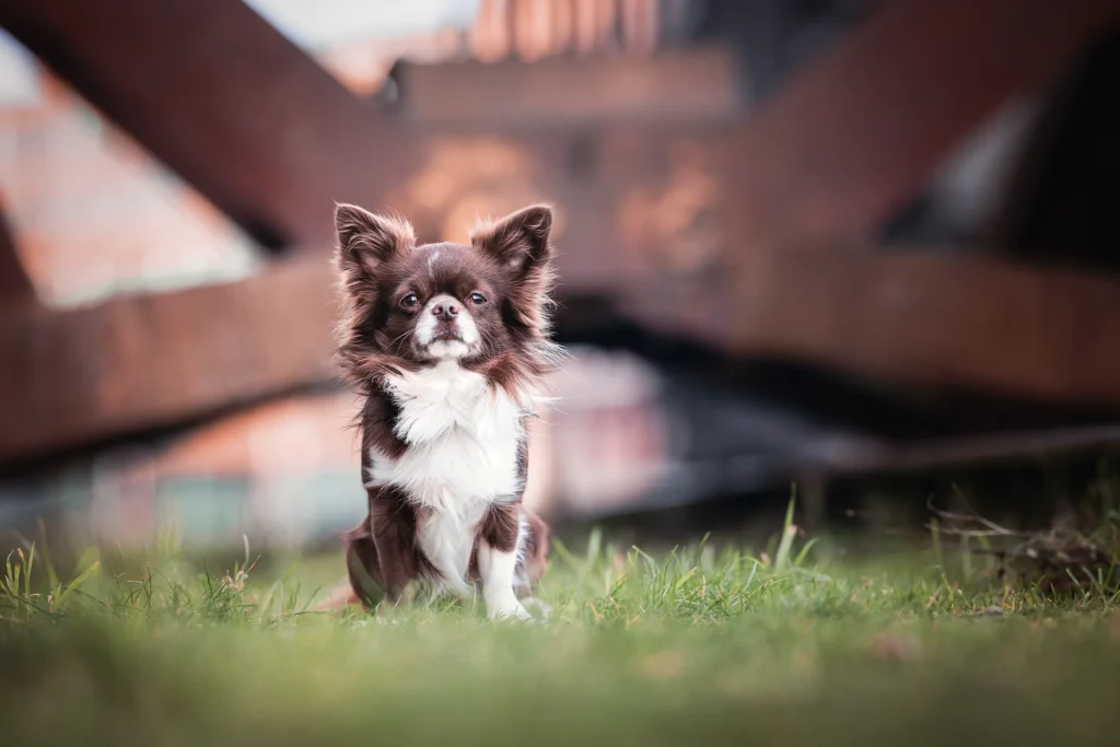 Ein Chihuahua Rüde steht am Hafen von Münster vor Industriekulisse. Fotografiert wurde das Hunde Portrait von der Tierfotografin Anne Bertling aus Ascheberg im Münsterland, NRW.