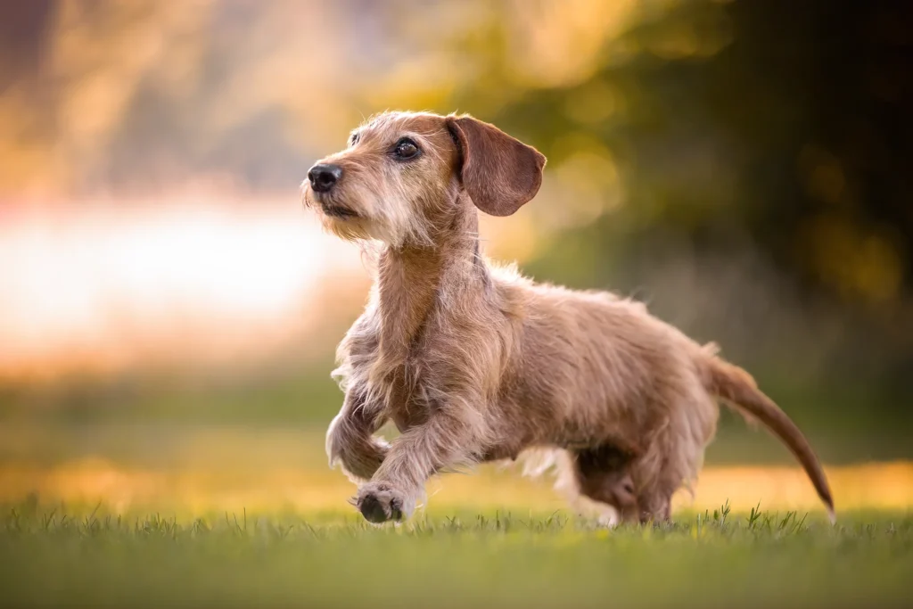 En Zwergteckel läuft bei schönem Morgenlicht über die Aasee Wiesen. Fotografiert wurde das Action bild von der Hunde Fotografin Anne Bertling aus Ascheberg, Münsterland, NRW.