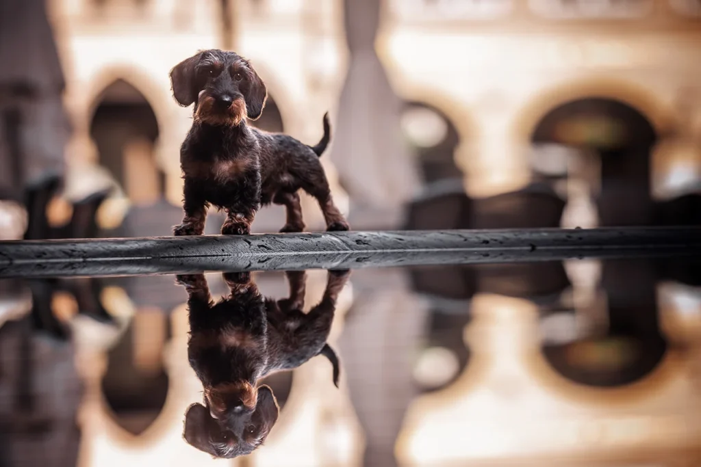 Ein Teckel Rüde steht auf dem Brunnen vor dem Kiepenkerl am Prinzipalmarkt in Münster, er spieglet sich im Wasser. Fotografiert wurde das Portrait von der Hundefotografin Anne Bertling aus Ascheberg im Münsterland, NRW.