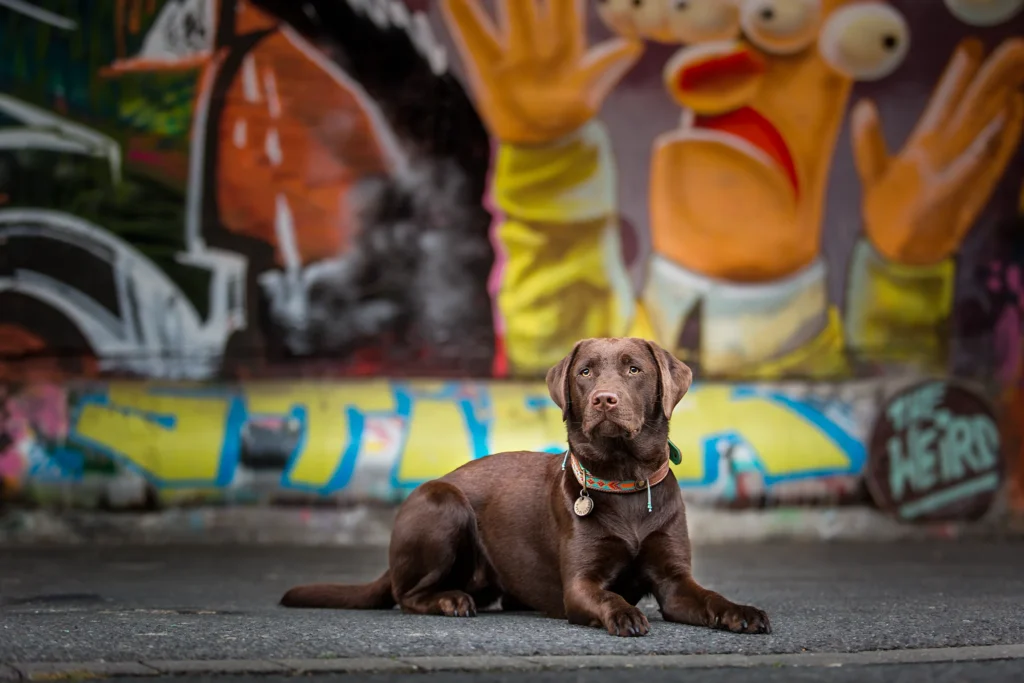 Ein brauner Labrador Retriever liegt vor einem Graffiti am Hafen von Münster. Fotografiert wurde das Hunde Portrait von der Tierfotografin Anne Bertling aus Ascheberg im Münsterland, NRW.