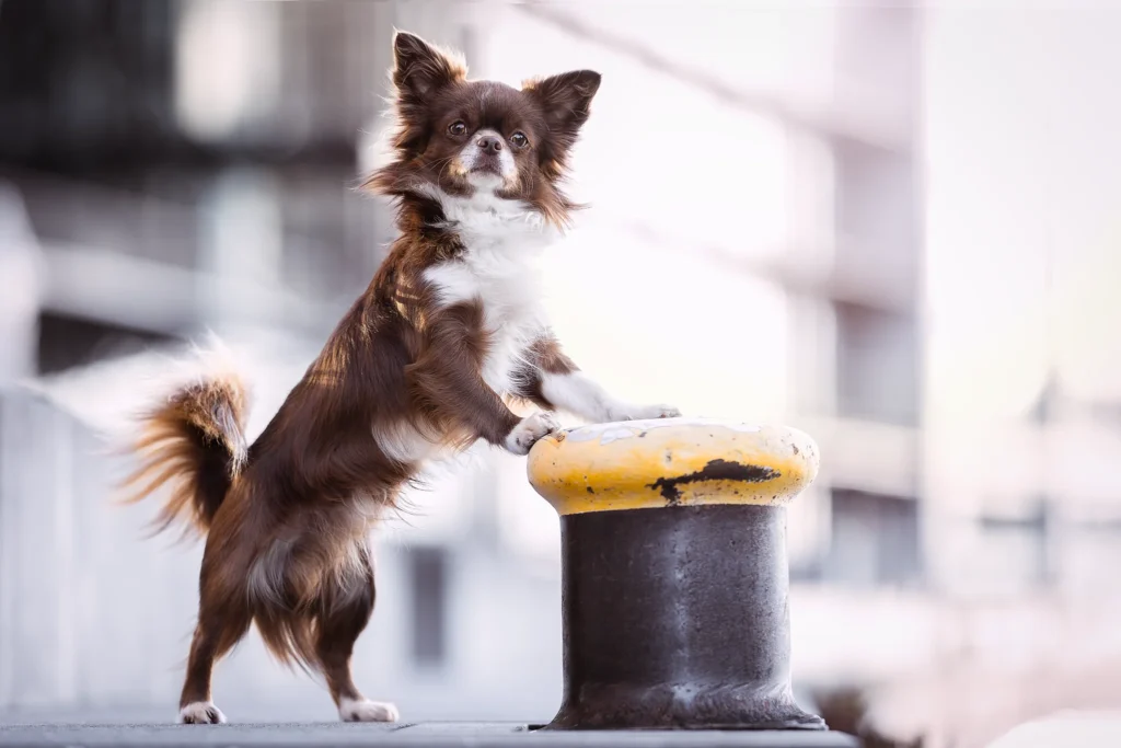 Ein Chihuahua steht am Hafen von Münster auf einem Bootsanleger. Fotografiert wurde das Hundeporträt von Anne Bertling Tierfotografie aus Ascheberg im Münsterland, NRW.
