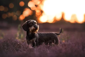Seitliches Standbild von einem Rauhaardackel Rüden in der Heide bei Sonnenuntergang. Das Licht ist golden und bildet ein beeindruckendes Bokeh. Fotografiert wurde das Hunde Portrait von der Hundefotografin Anne Bertling in Münster, Münsterland, NRW.