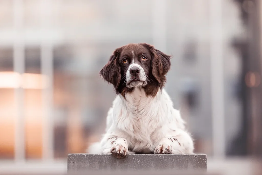 Ein Drentse Patrijshond liegt auf einem Betonklotz in Münster in der Stadt. Das Hunde Porträt wurde fotografiert von der Hundefotografin Anne Bertling aus Ascheberg im Münsterland, NRW.