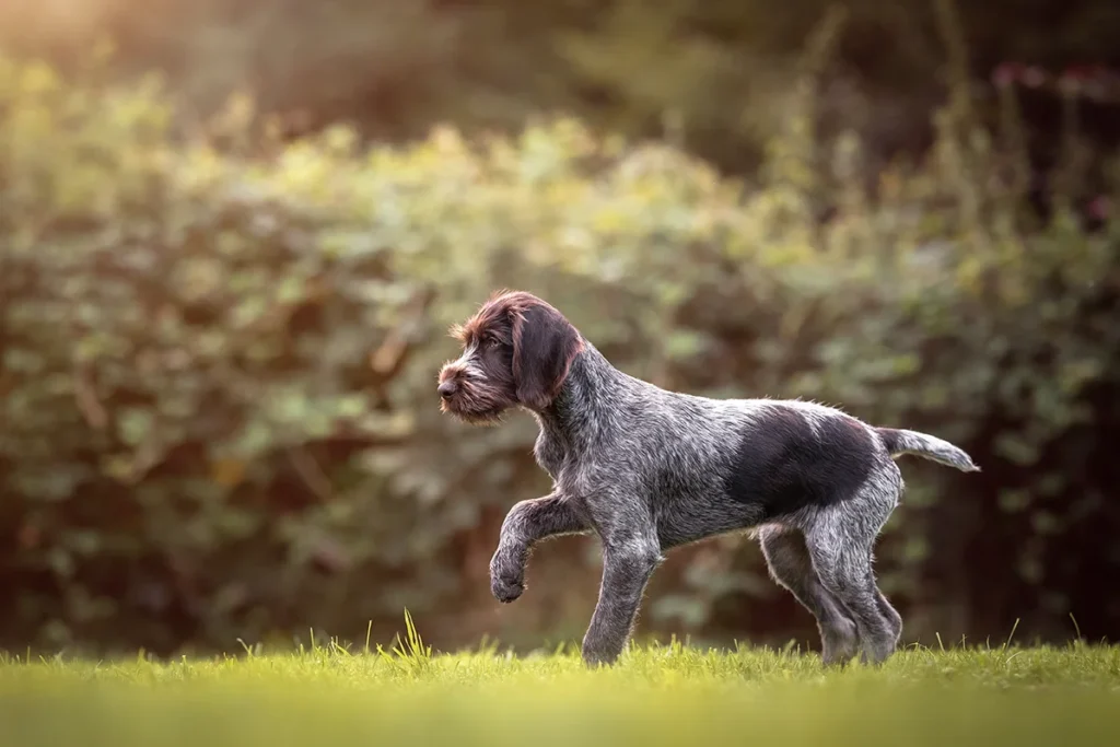Ein Deutsch Drahthaar Welpe im spielerischen Vorstehen im Garten. Fotografiert wurde das Vorstehbild von der Hundefotografin Anne Bertling aus Ascheberg bei Münster, Münsterland, NRW.