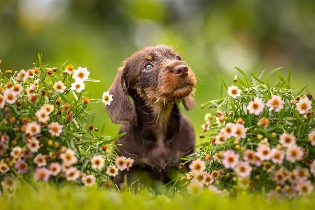 Ein Dackelwelpe sitzt zwischen Blümchen im Garten in Münster. Fotografiert wurde das Dackelportrait von der Hundefotografin Anne Bertling aus Ascheberg im Münsterland, NRW.
